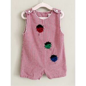 Zu red seersucker gingham bug theme romper 12 months